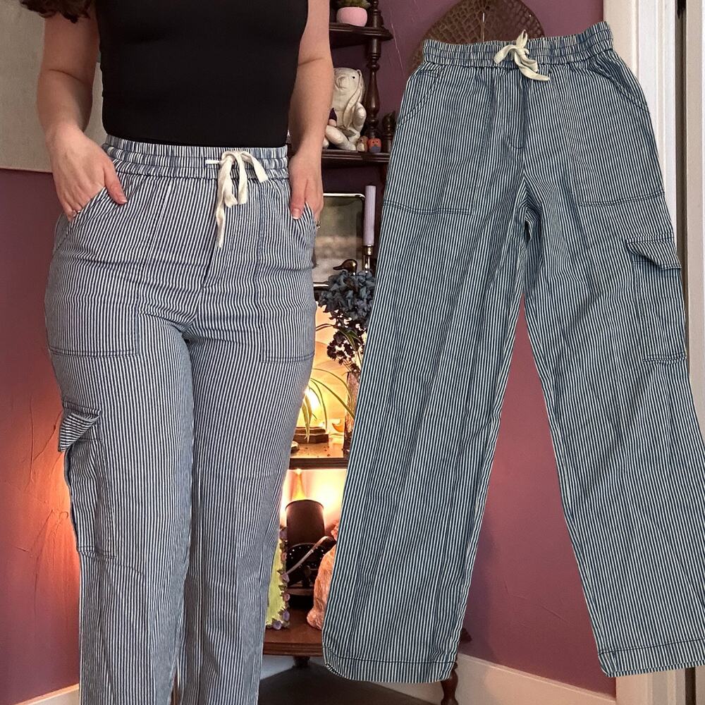 FRNCH Paris S Blue White Striped 100% Cotton Cargo High Waisted Pants